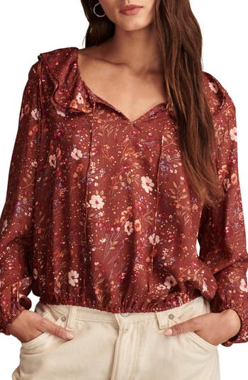 Lucky Brand Floral Print Ruffle Tie Neck Top In Brown