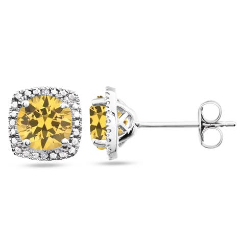 Natural Gemstone & Diamond Stud Earrings Sterling Silver