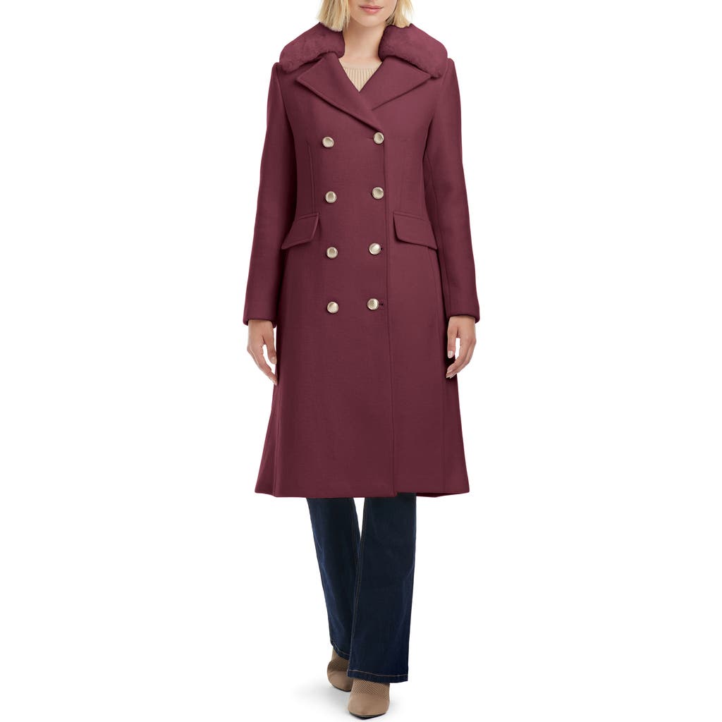 Vince Camuto Double Breasted Wool Blend Coat With Removable Faux Fur Collar In Burgundy