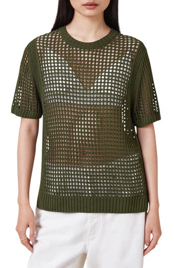 Allsaints Paloma Open Stitch Short Sleeve Sweater In Green