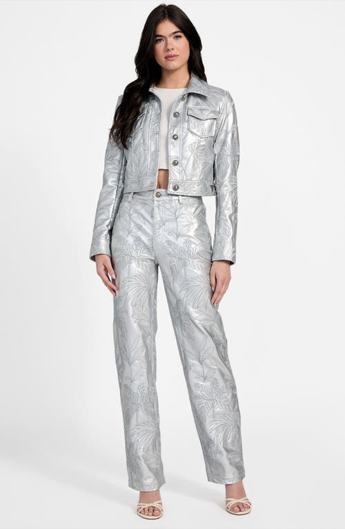 Guess Clelia Embroidered Metallic Faux Leather Straight Leg Pants In Silver