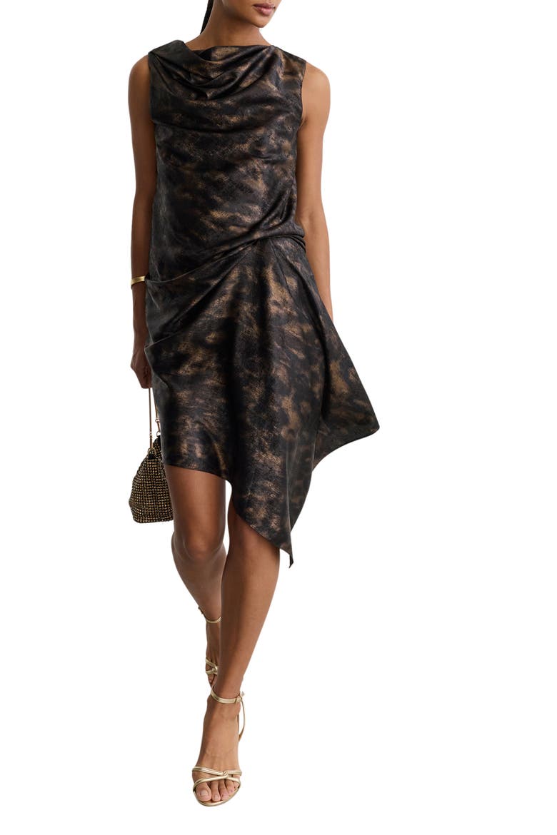 Cass Cowl Neck Asymmetrical Handkerchief Hem Dress, Alternate, color, BLACK/ GOLD