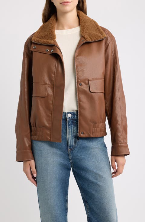 Faux Leather Stand Collar Bomber Jacket