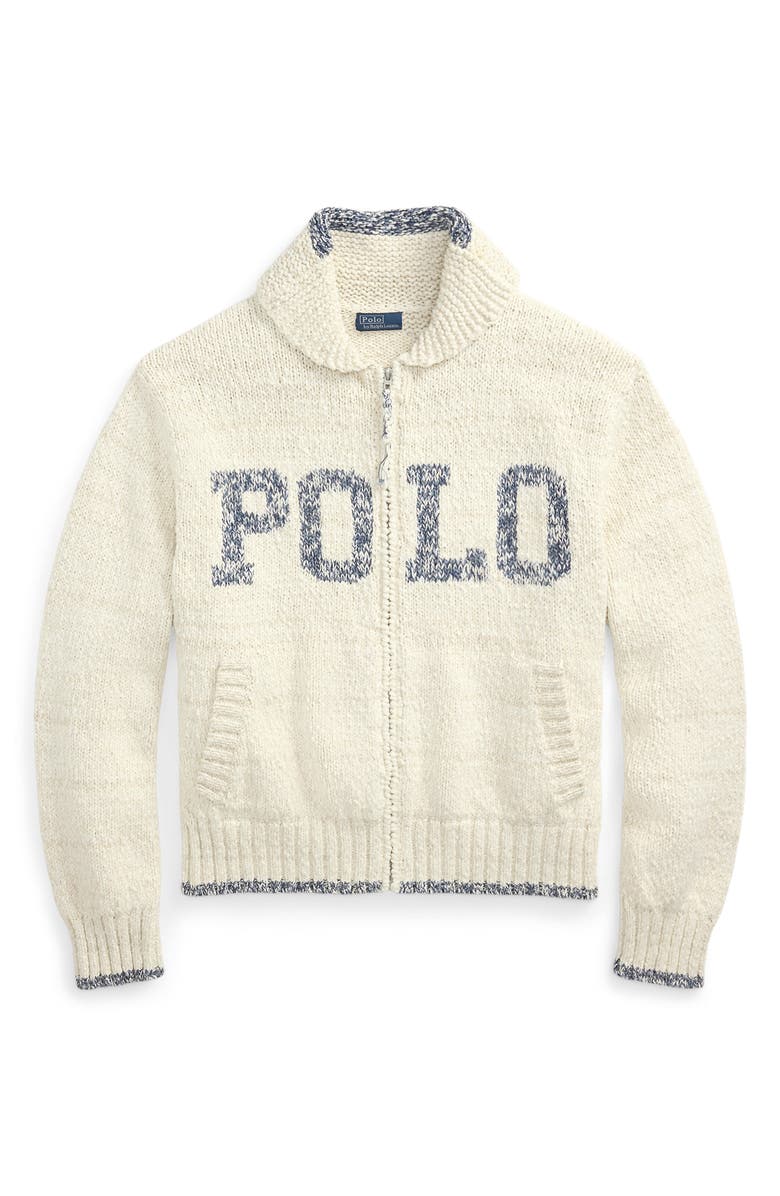Polo Ralph Lauren Logo Cotton Zip-Up Sweater, Alternate, color, Cream/ Blue Multi