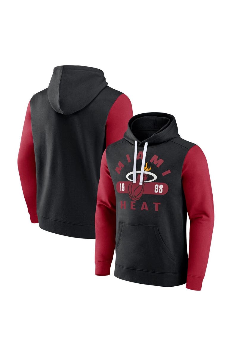 FANATICS Men's Fanatics Branded Black/Red Miami Heat Attack Colorblock Pullover Hoodie, Alternate, color, 