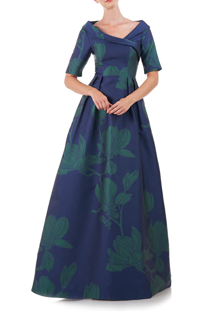 Kay Unger Coco Floral Print Gown, Main, color, Marine Blue/Jade
