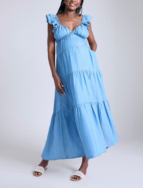 Ruffle Sleeve Tie-Back Maternity Maxi Dress
