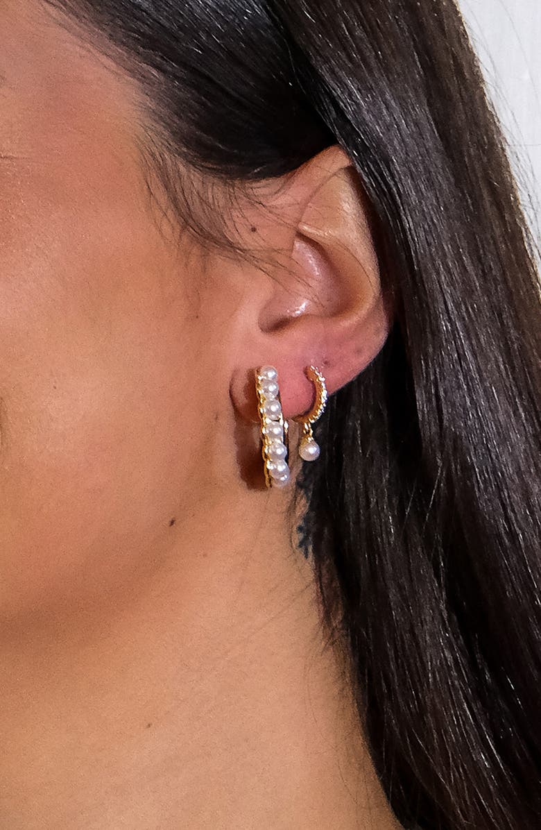 Sterling Forever Imitation Pearl Hoop Earrings, Alternate, color, Gold