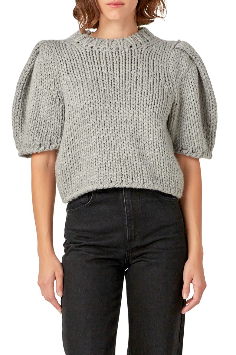 Puff Sleeve Knit Shirt, Main, color, HEATHER GREY