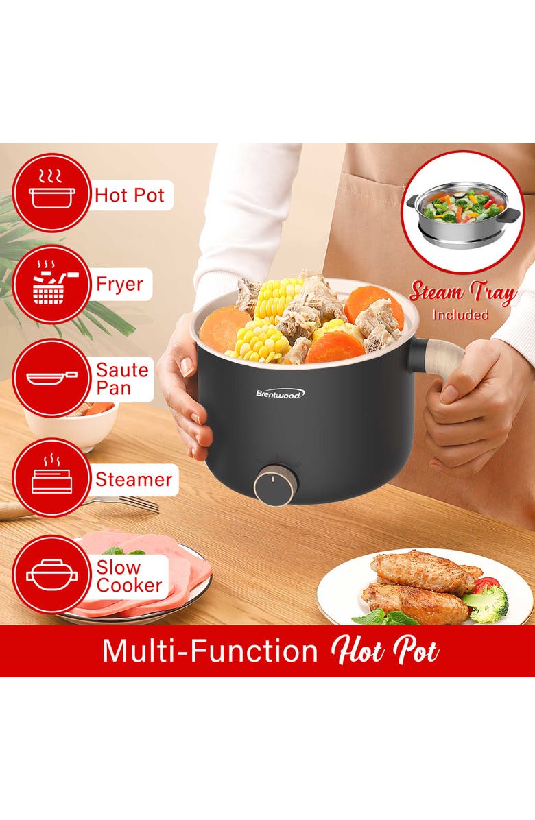 Brentwood Multi-Function Electric Hot Pot Cooker with Ceramic Non-Stick Ceramic Coating and Stainless-Steel Food Steamer, Alternate, color, Black