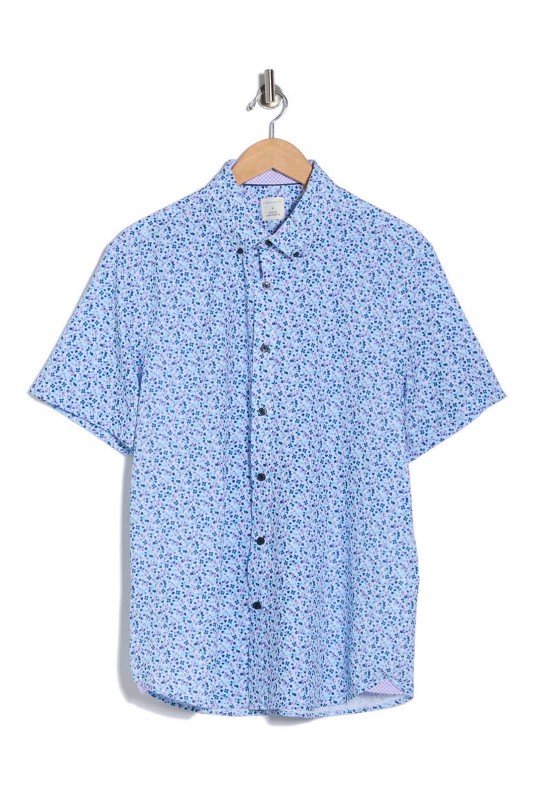 Slim Fit Abstract Leaf Print Short Sleeve Button-Down Shirt, Alternate, color, BLUE/ PURPLE