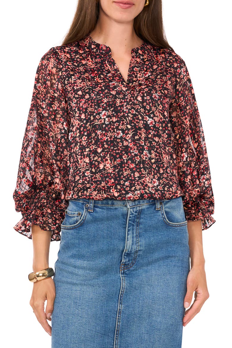 Floral Metallic Split Neck Top, Main, color, RICH BLACK/RED
