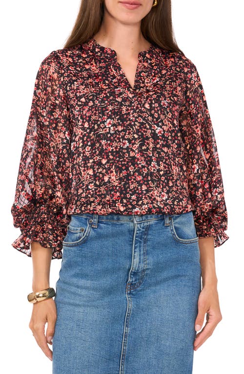 Shop Vince Camuto Floral Metallic Split Neck Top In Rich Black/red