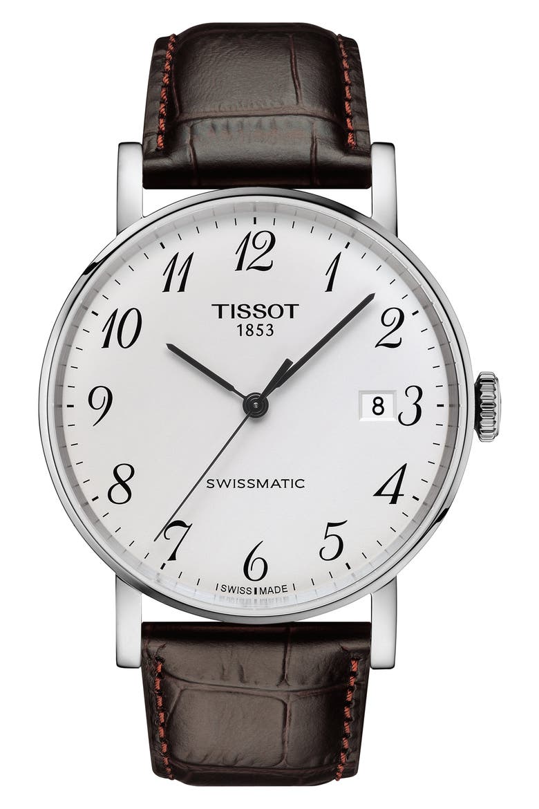 Everytime Swissmatic Leather Strap Watch, 40mm, Main, color, BROWN/ SILVER