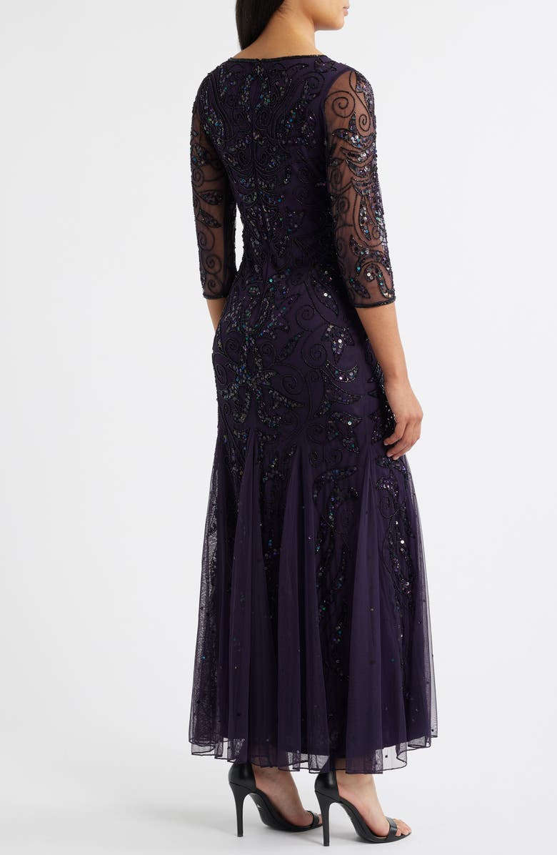 Illusion Sleeve Beaded A-Line Gown