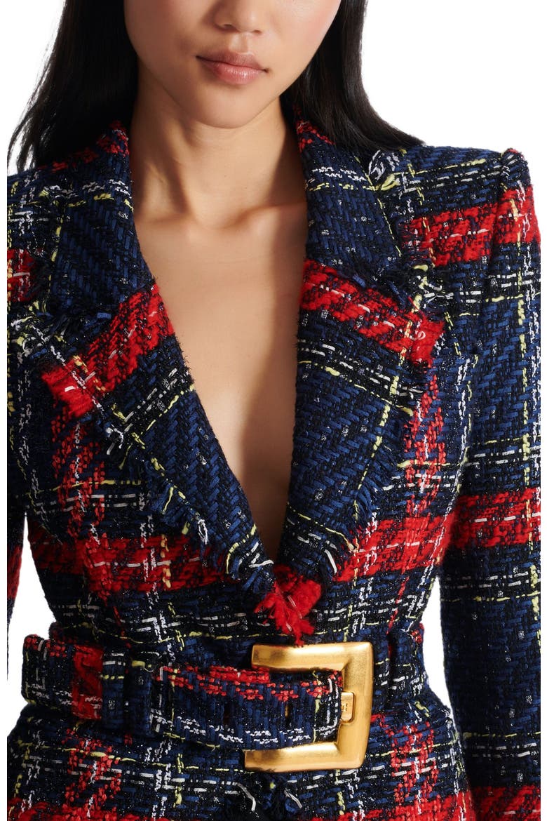 Belted plaid tweed jacket, Alternate, color, red