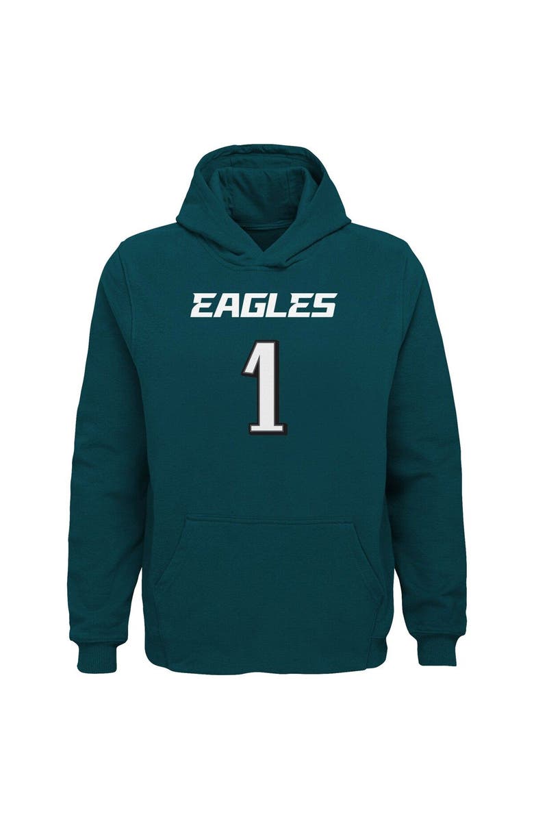 Outerstuff Youth Jalen Hurts Midnight Green Philadelphia Eagles Mainliner Player Name & Number Pullover Hoodie, Alternate, color, Green