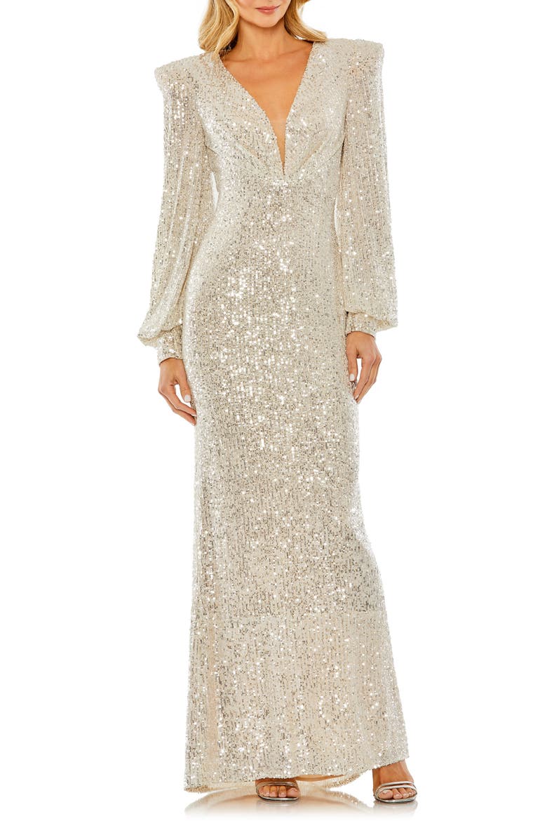 Sequined Plunge Neck Structured Bishop Sleeve Gown, Main, color, NUDE SILVER