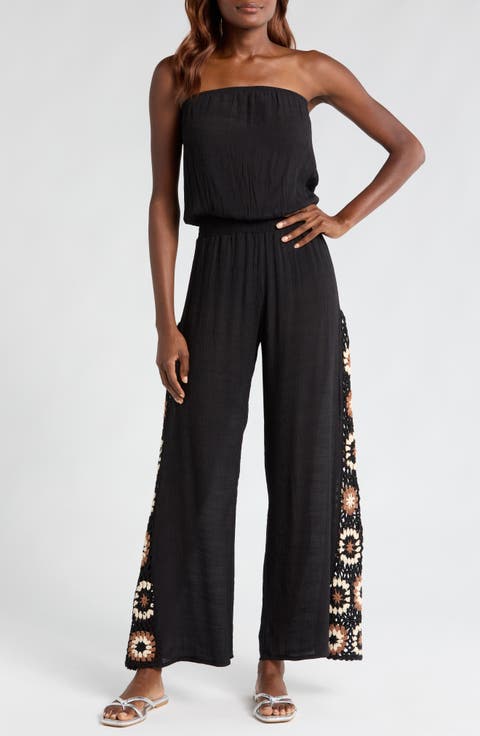 Crochet Inset Strapless Cover-Up Jumpsuit