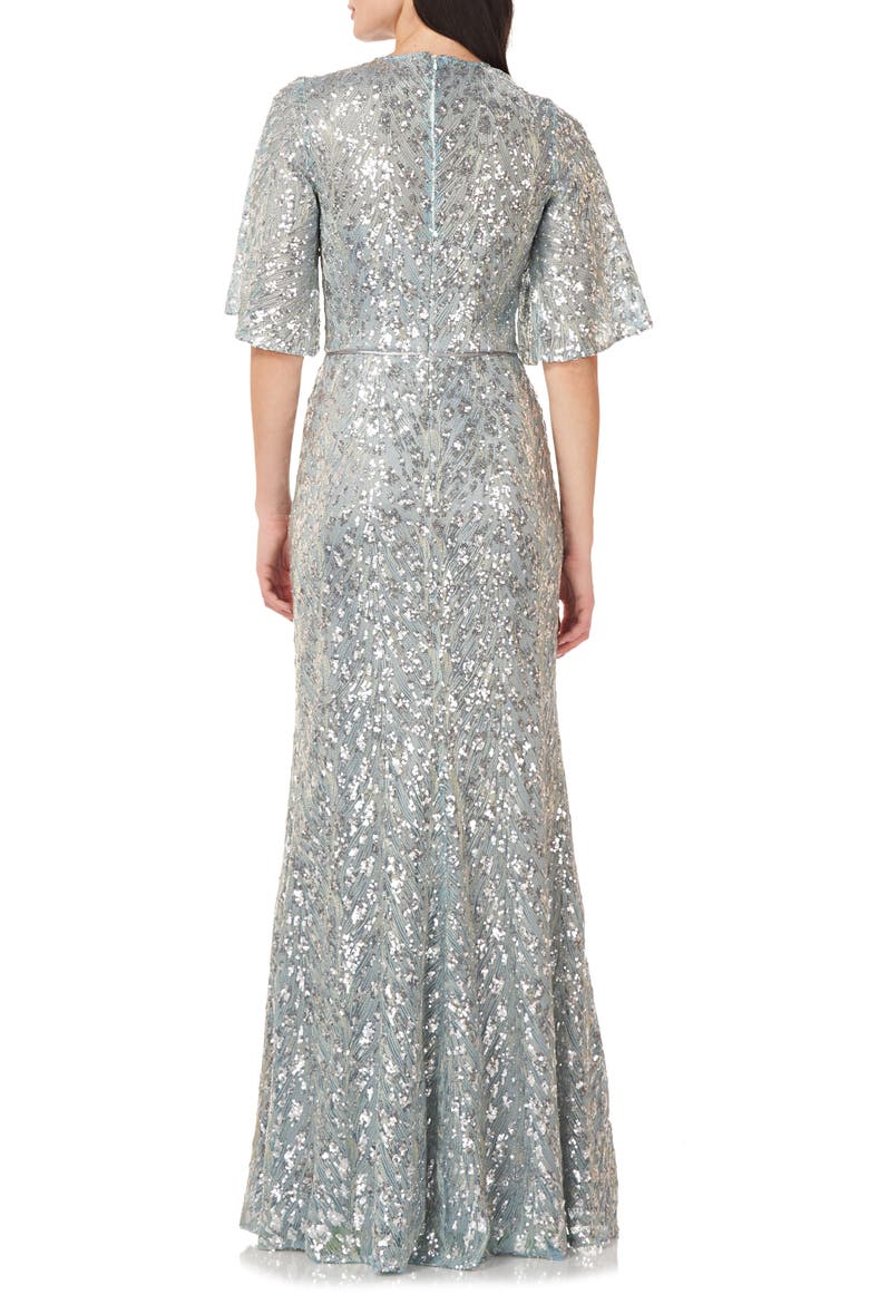 Sequin Flutter Sleeve Trumpet Gown, Alternate, color, SPEARMINT SILVER