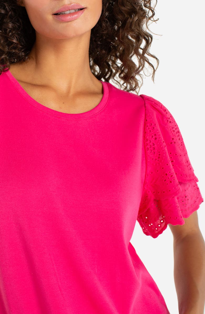 Liverpool Los Angeles Eyelet Sleeve Mixed Media Top, Alternate, color, Diva Pink