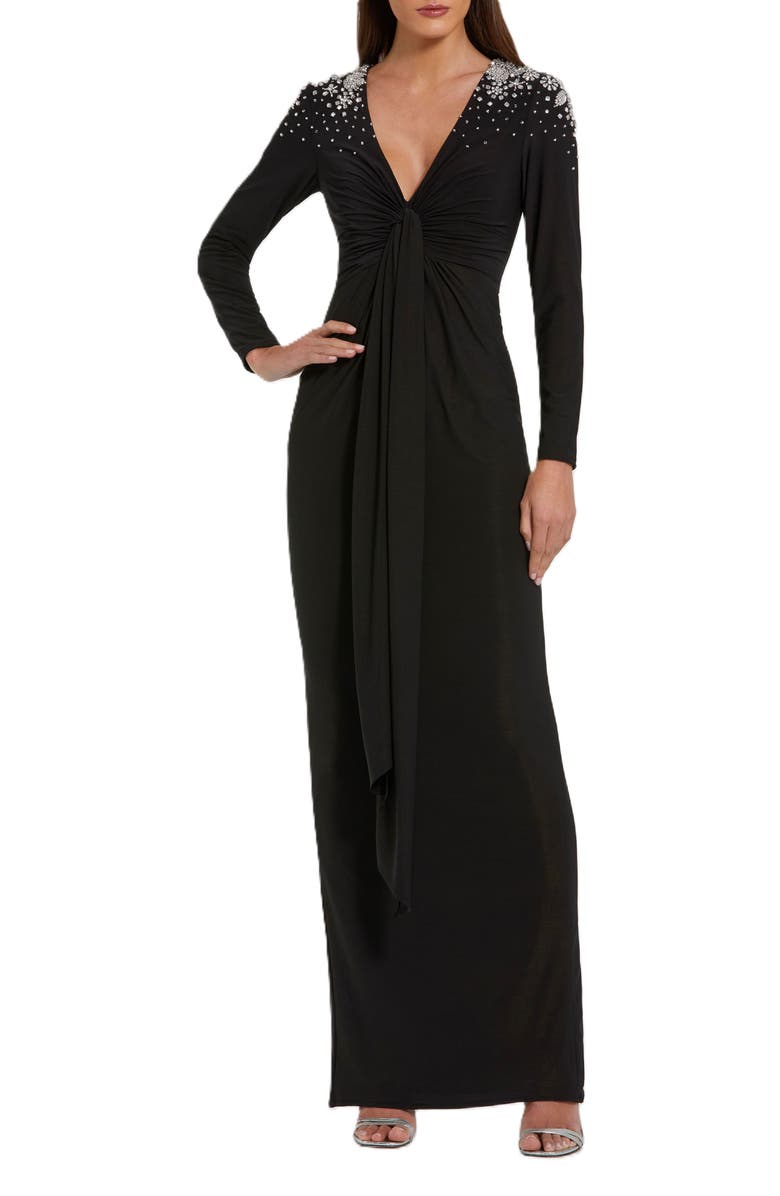 Mac Duggal Jersey V Neck Faux Knot Gown With Beaded Shoulders, Main, color,