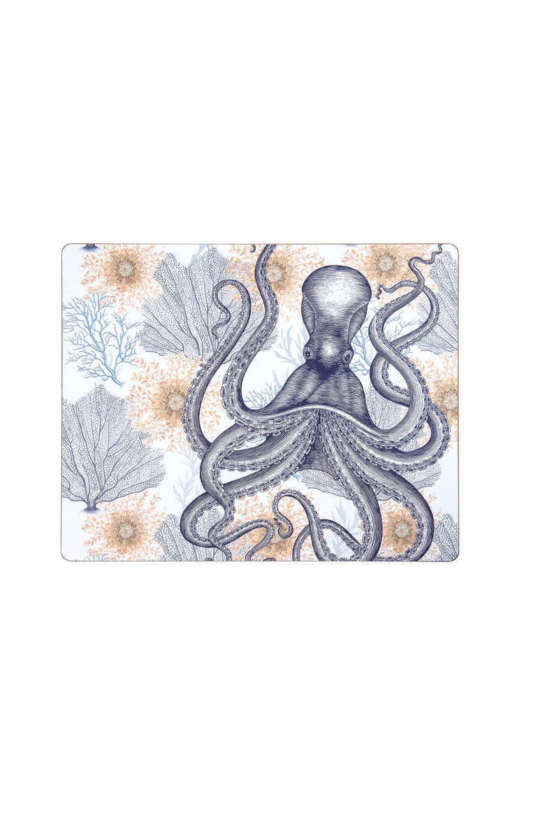 Ochre Octopus Hardboard Placemats, Set of 6, Main, color, Blue
