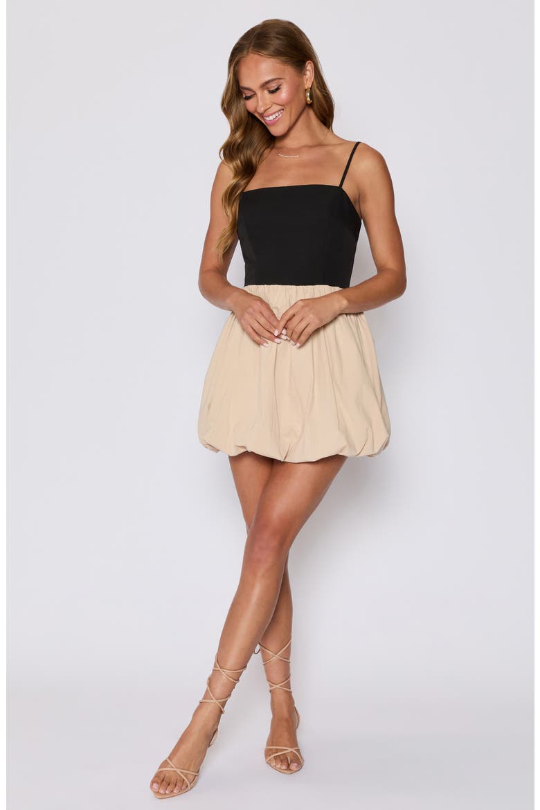 Colette Mixed Media Bubble Hem Minidress (Nordstrom Exclusive), Alternate, color, BLACK/ KHAKI