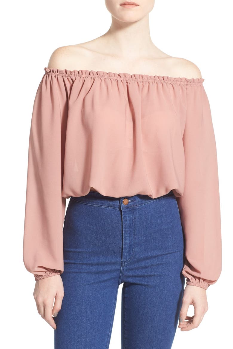 ASTR Off the Shoulder Long Sleeve Crop Blouse, Main, color, DARK MAUVE