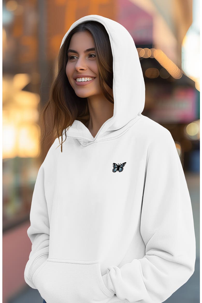 Womens Butterfly Midweight Fleece Relaxed Hooded Sweatshirt, Alternate, color, White