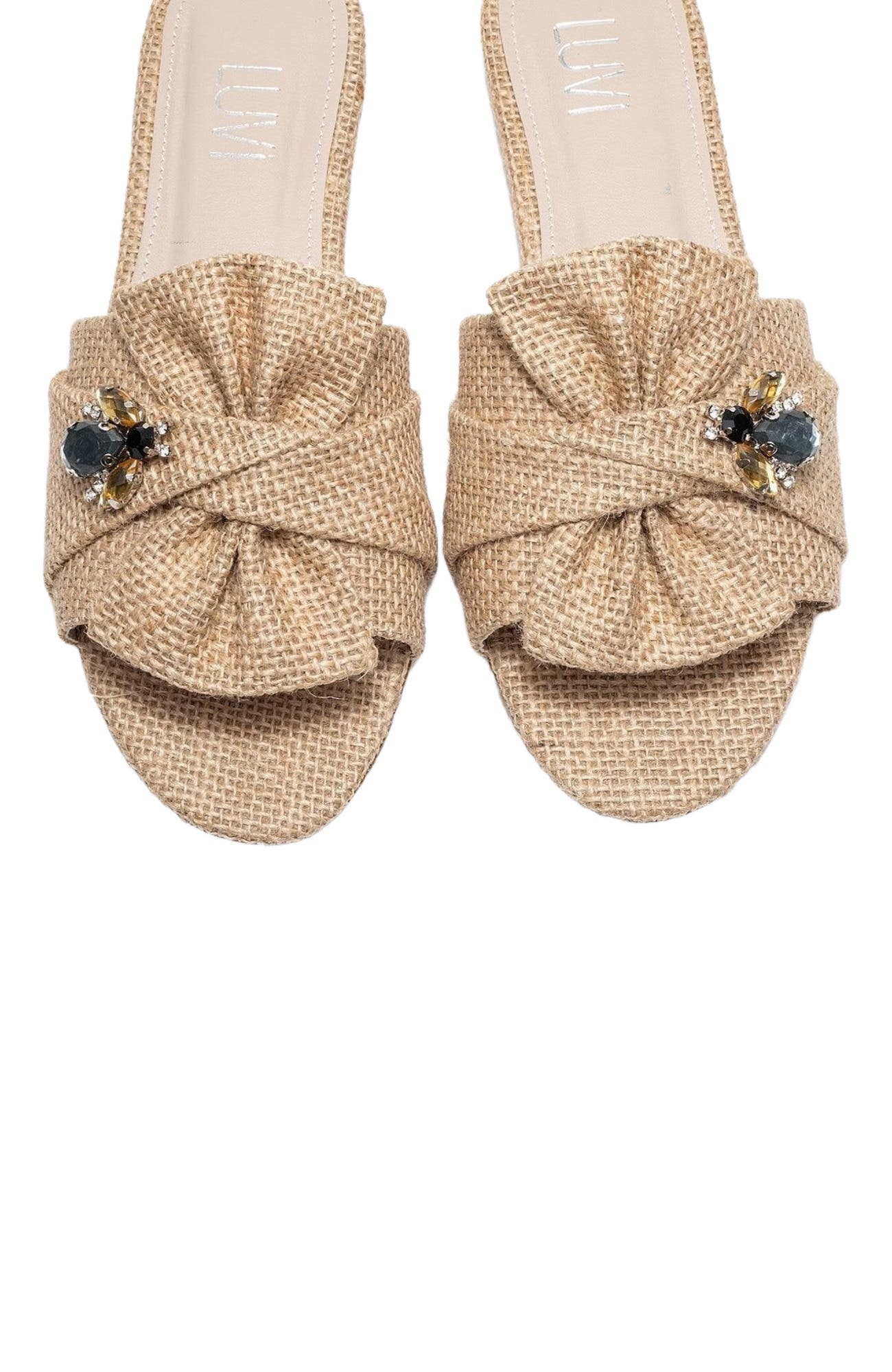 Prologue Shoes Daphne Raffia Bow Slide Sandal, Alternate, color, Beige Faux Leather