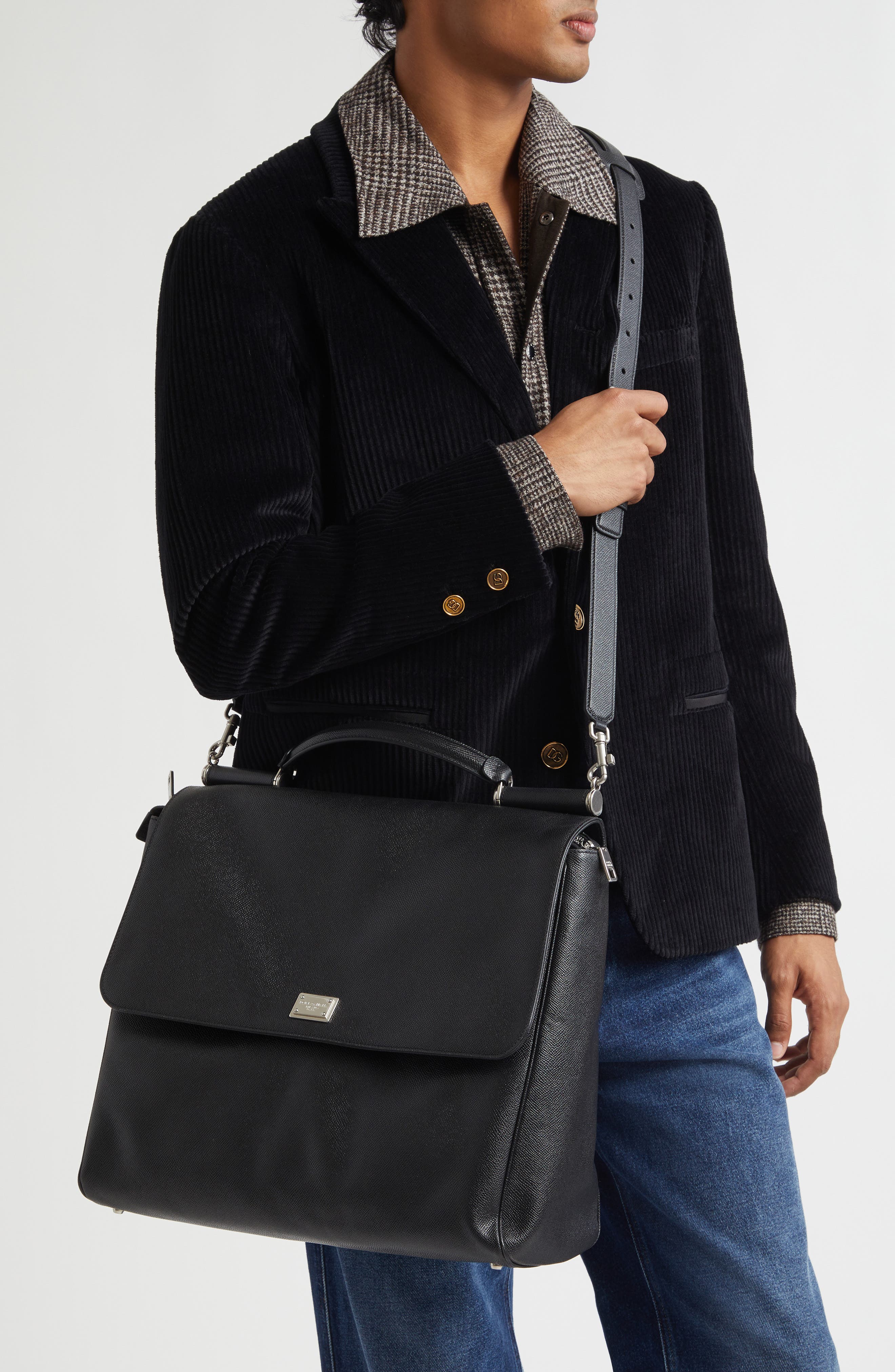 Dolce&Gabbana Sicily Alpina Leather Messenger Bag, Alternate, color, 80999 Nero