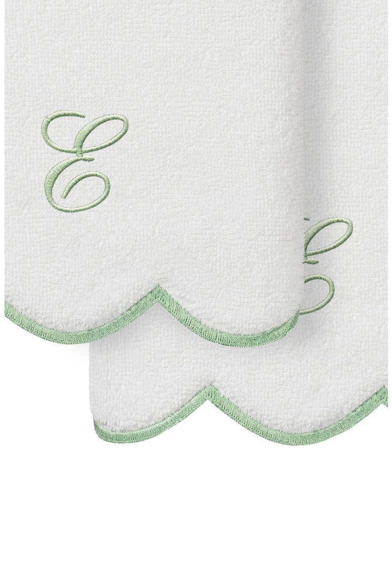 Adornia Scallop Initial Set of 2 Hand Towels, Alternate, color, WHITE/ GREEN E