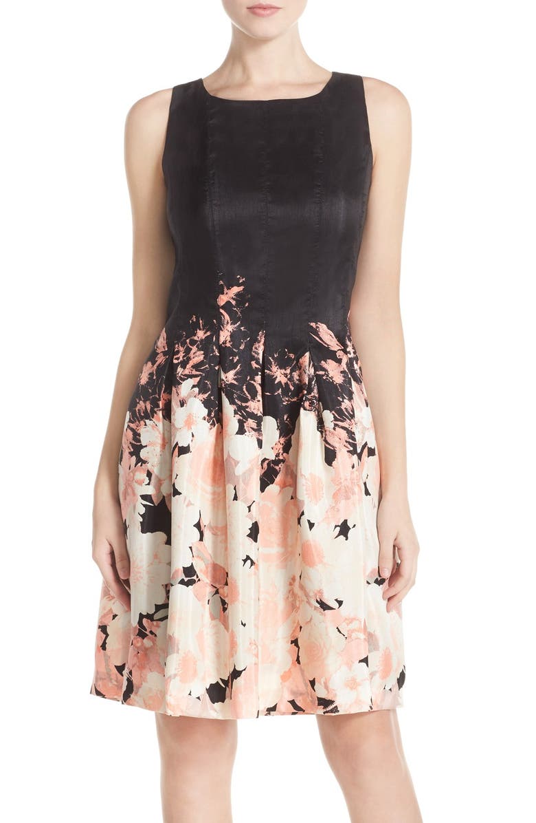 Chetta B Floral Print Shantung Fit & Flare Dress, Main, color, 