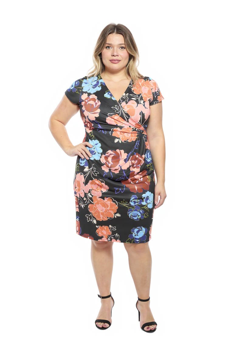 Plus Size Floral V-Neck Short Sleeve Knee Length Faux Wrap Dress, Main, color, Black Multi