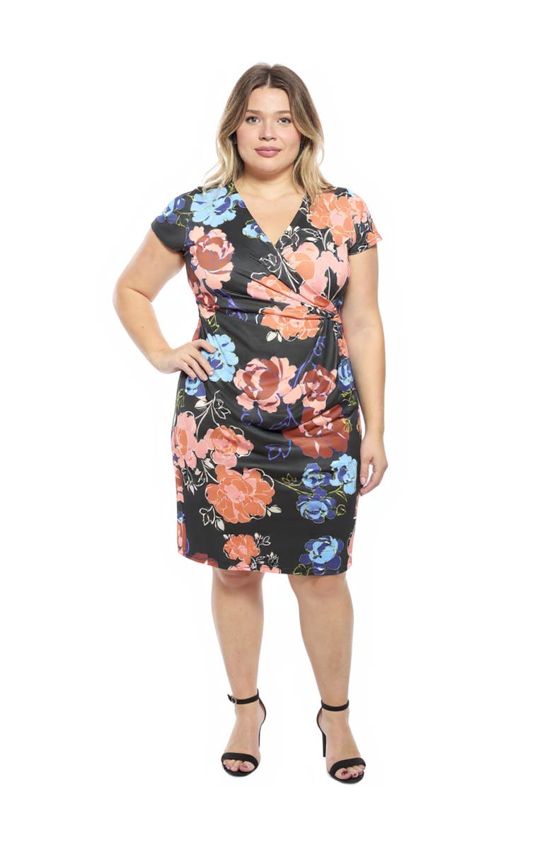 24seven Comfort Apparel Plus Size Floral V-Neck Short Sleeve Knee Length Faux Wrap Dress, Main, color, Black Multi