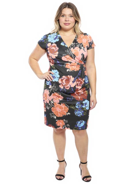 Plus Size Floral V-Neck Short Sleeve Knee Length Faux Wrap Dress