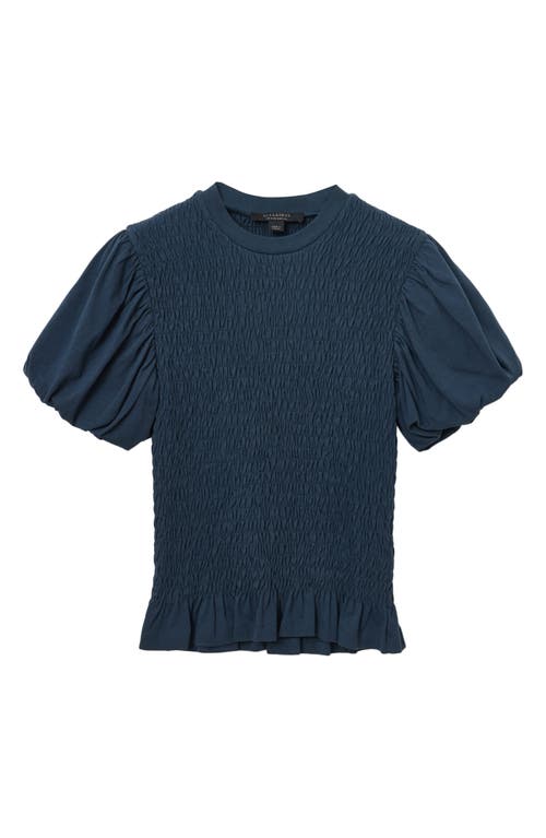 Allsaints Womens Midnight Blue Dael Puff-sleeve Slim-fit Smocked Stretch-woven Top Xs In Blue