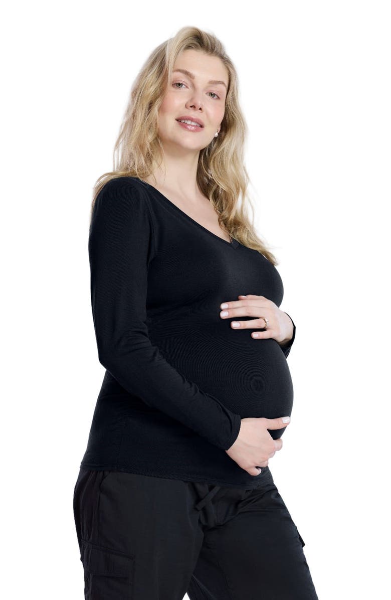 MOTHERHOOD MATERNITY V-Neck Side-Ruched Maternity Long Sleeve Tee, Alternate, color, Black