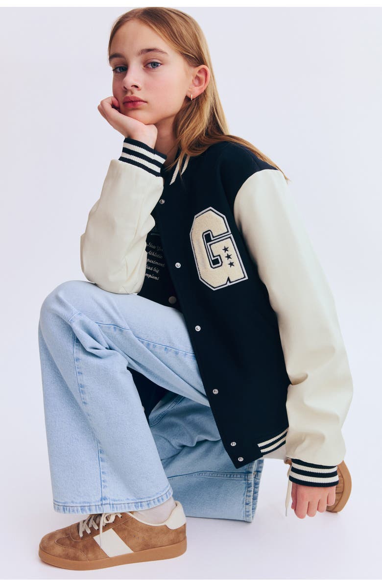 H&M Appliquéd Baseball Jacket, Main, color, Navy Blue/East District
