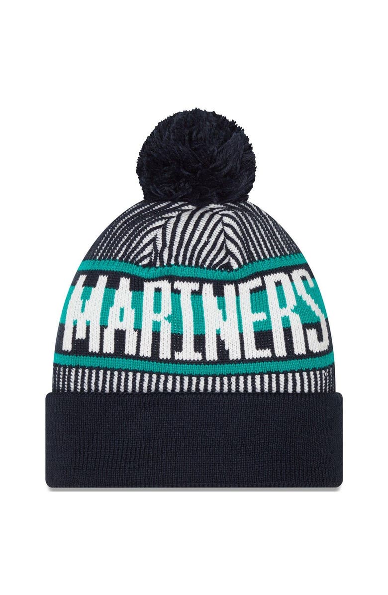 New Era Men's Fanatics Branded Navy Seattle Mariners Striped Cuffed Knit Hat with Pom, Alternate, color,