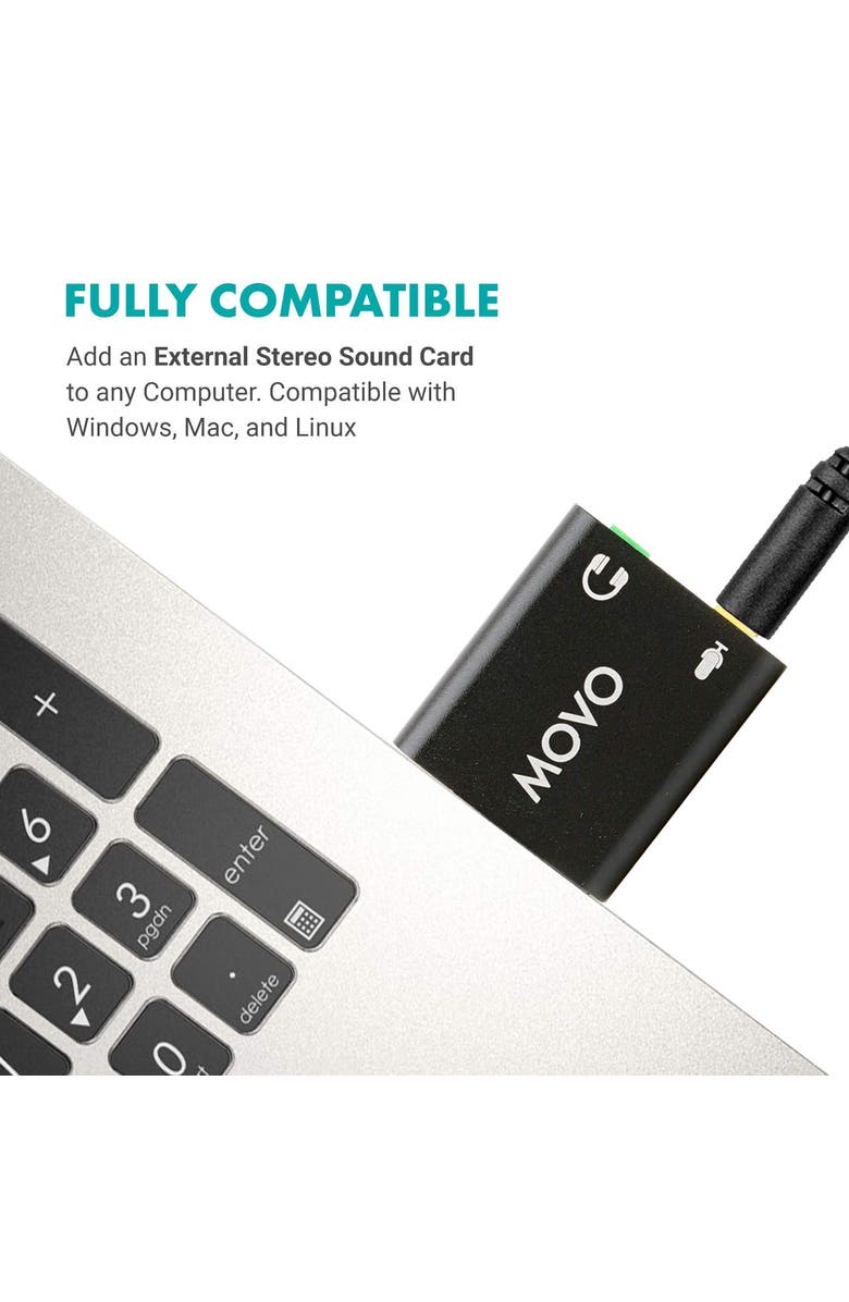 MOVO USB-AC 3.5mm TRS Microphone to USB 2.0 Stereo Audio External Sound Card Adapter for PC and Mac, Alternate, color, Black