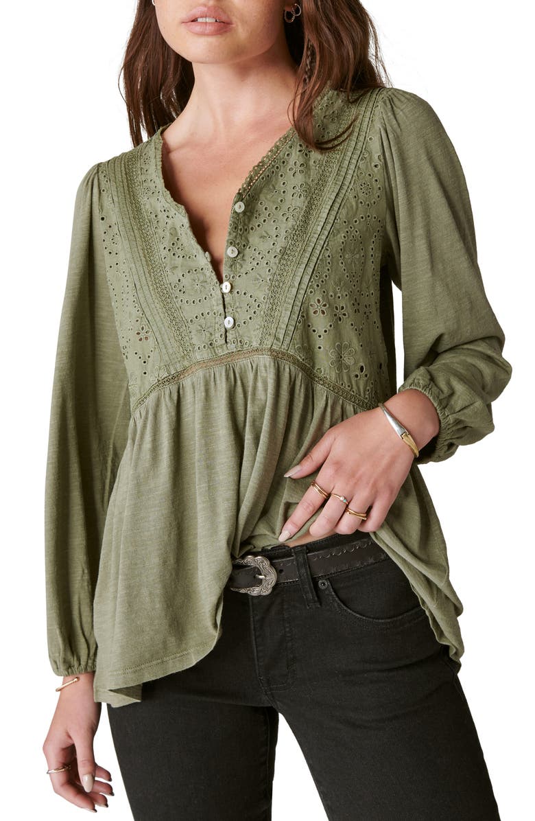 Lucky Brand Eloise Eyelet Accent Cotton & Modal Knit Peasant Blouse, Main, color,