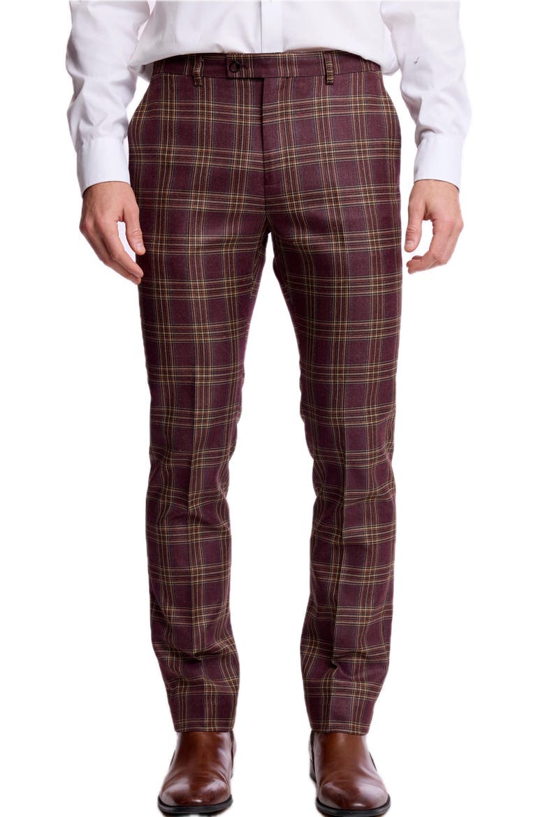 Downing Slim Fit Check Dress Pants, Main, color, BURGUNDY TAN CHECK