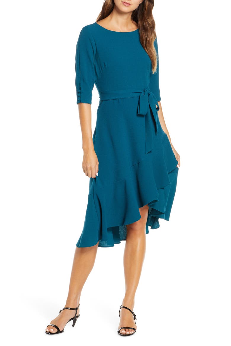 Ruffle Hem High/Low Crepe Dress, Main, color, TEAL