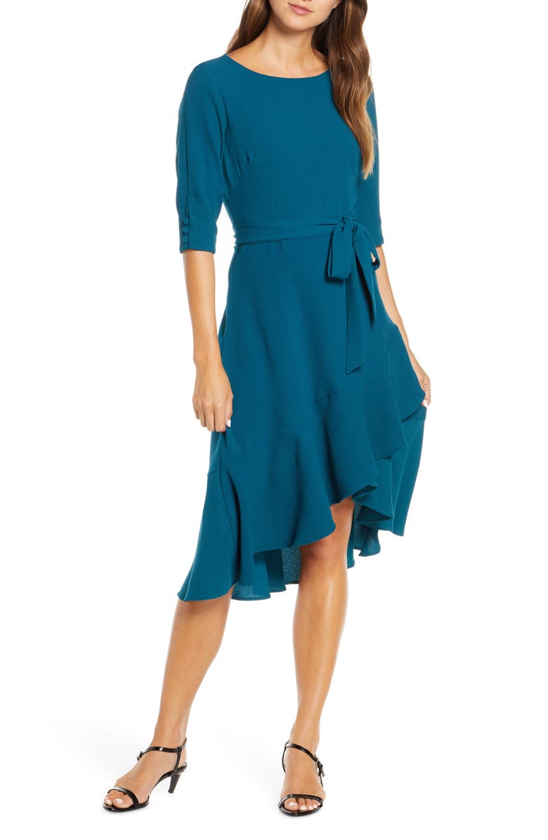 Maison Tara Ruffle Hem High/Low Crepe Dress, Main, color, 