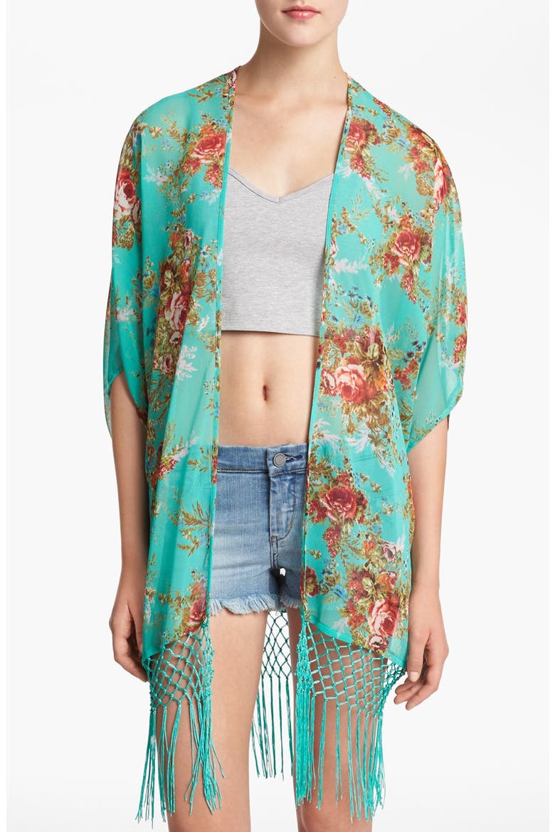Floral Fringe Cardigan, Main, color, TEAL FLORAL