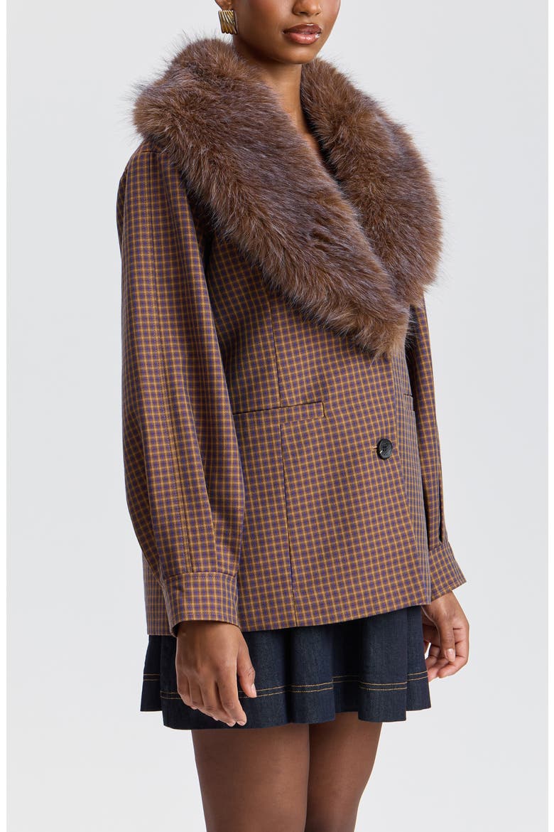 Faux Fur Trim Oversized Blazer, Alternate, color, PURPLE/ CAMEL PLAID
