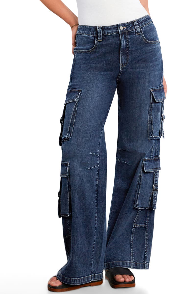 Wash Lab Denim High Waist Straight Leg Cargo Jeans, Alternate, color, Layered Blue