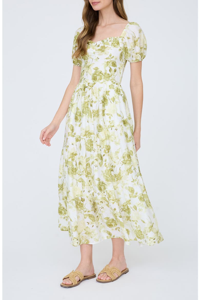 Floral Puff Sleeve Tiered Fit & Flare Midi Dress, Alternate, color, OLIVE